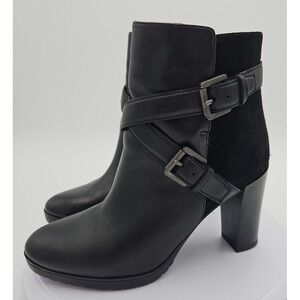 Geox Black Leather Suede High Stack Heel Ankle Boots Side Zip Buckle Sz 6.5 *EUC